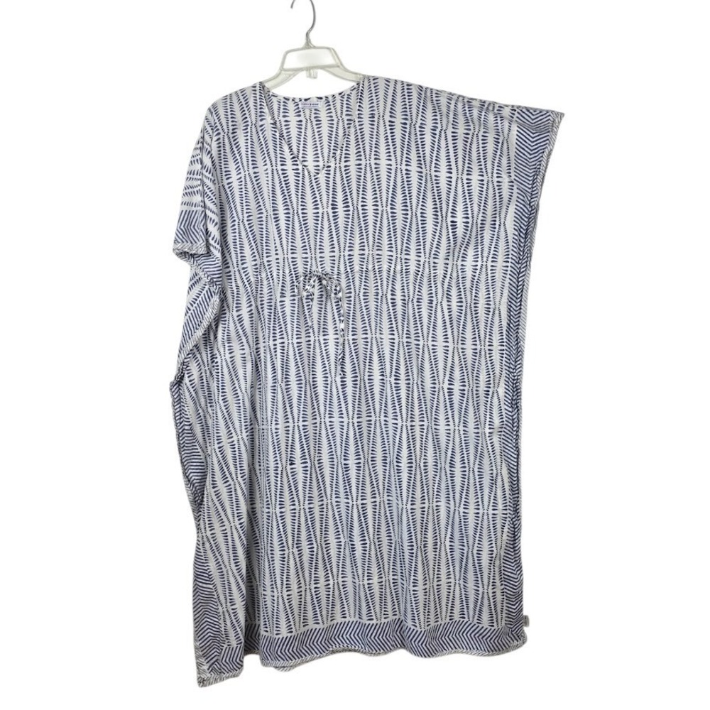 Fabric Venue Kaftan Women OS Blue White Block Print Cotton Beach Cover Up Dress